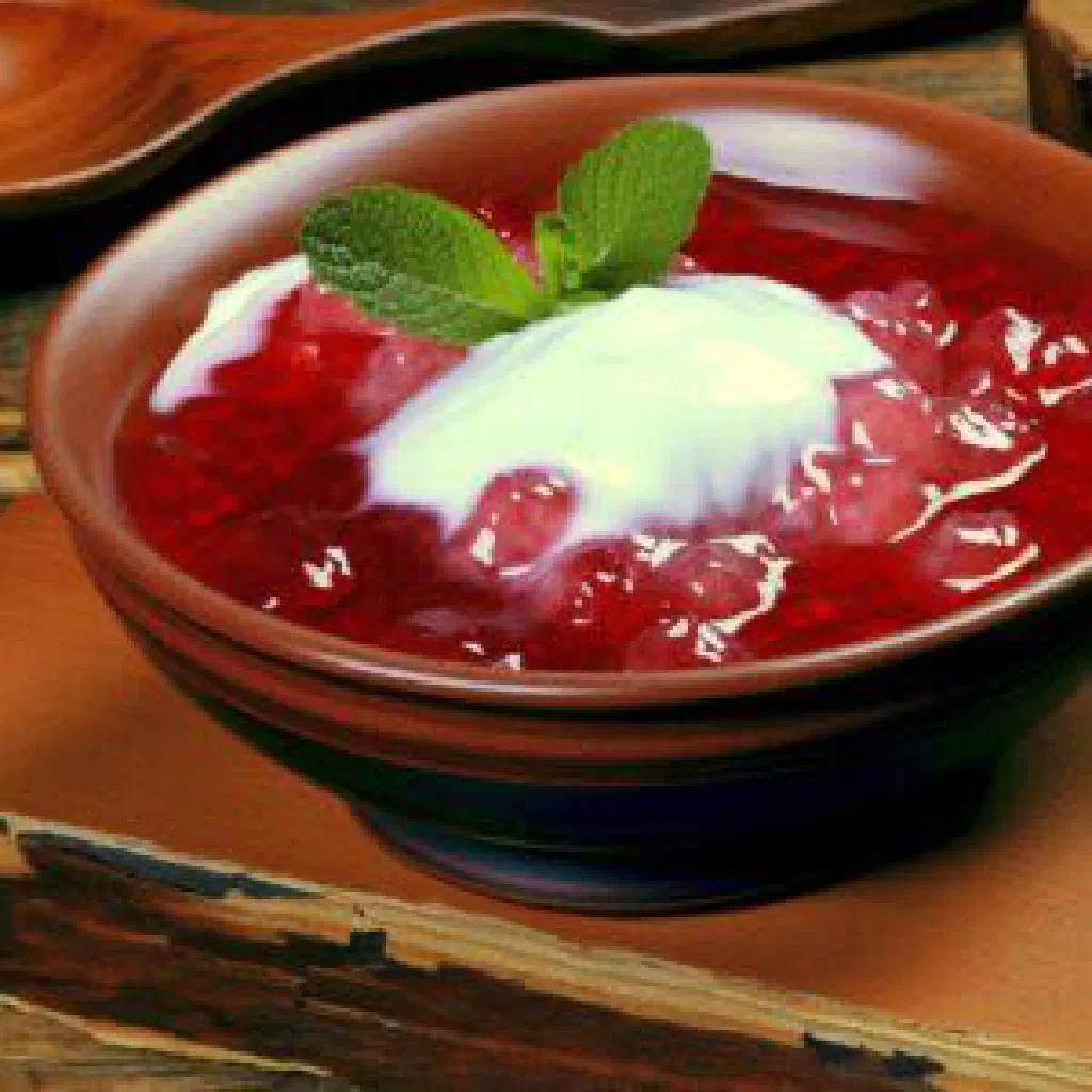 A bowl of glossy red berry kissel garnished with a sprig of mint