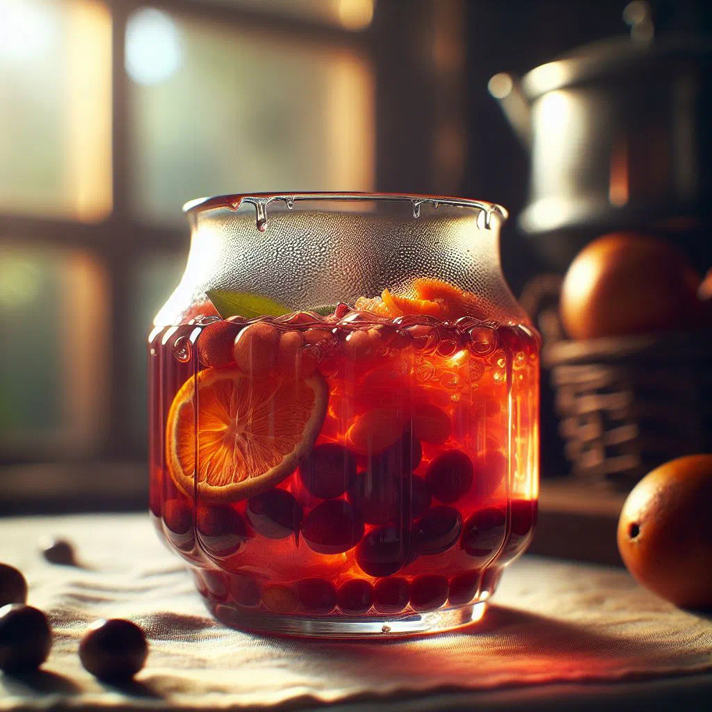 A glass of ruby-coloured kompot with stewed fruit and fresh mint