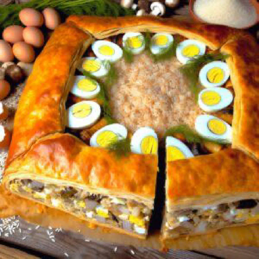 Golden Russian kulebyaka fish pie sliced to show the salmon, rice and egg filling