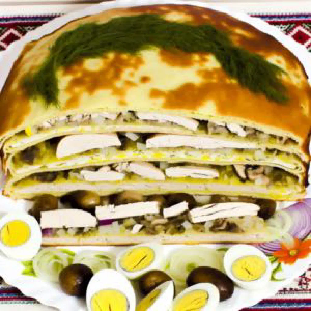 Golden baked Kurnik pie filled with chicken and rice
