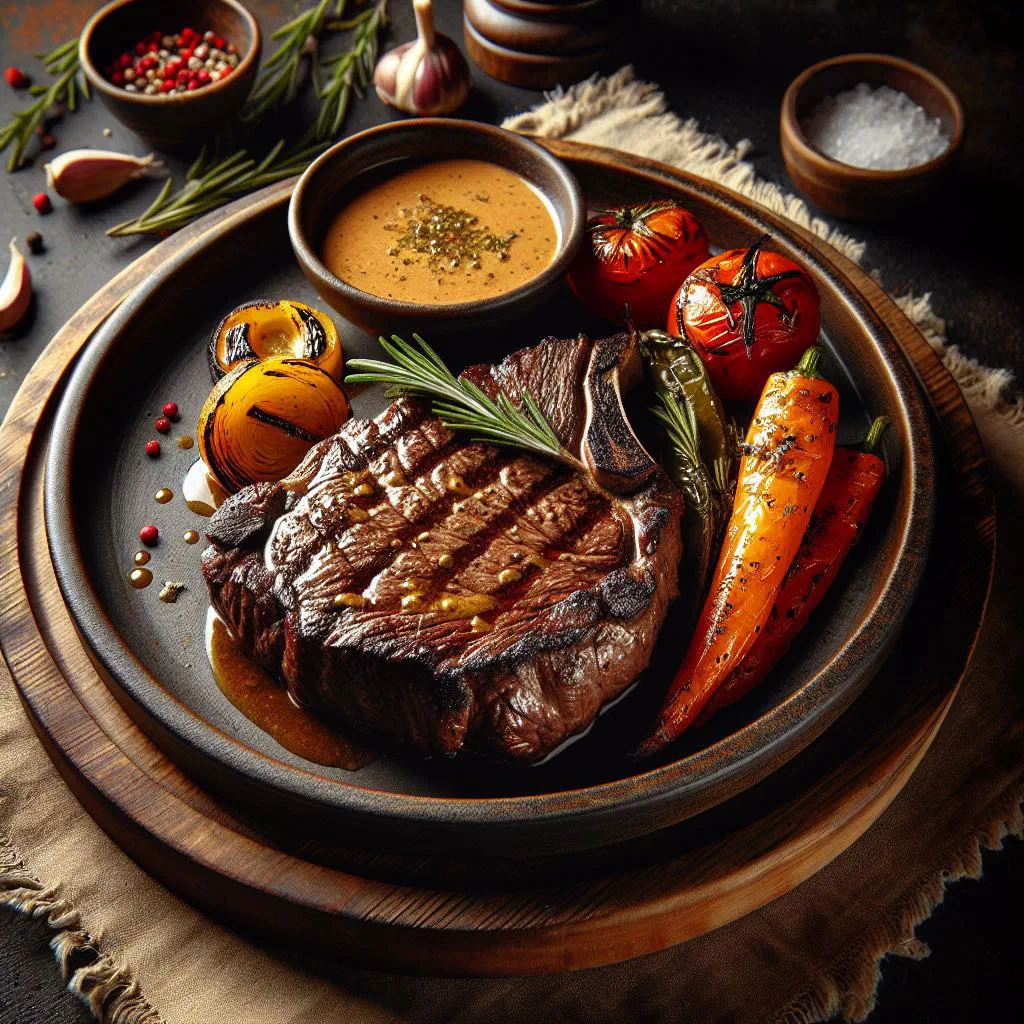 Seared Leningrad beef steak with a golden crust and fresh herbs