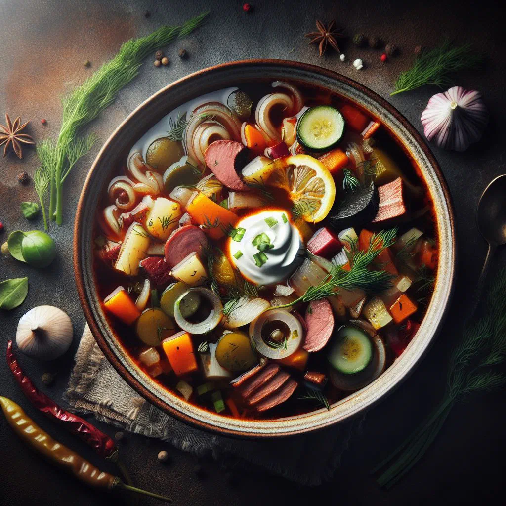 A bowl of Leningrad solyanka soup garnished with fresh dill and a slice of lemon