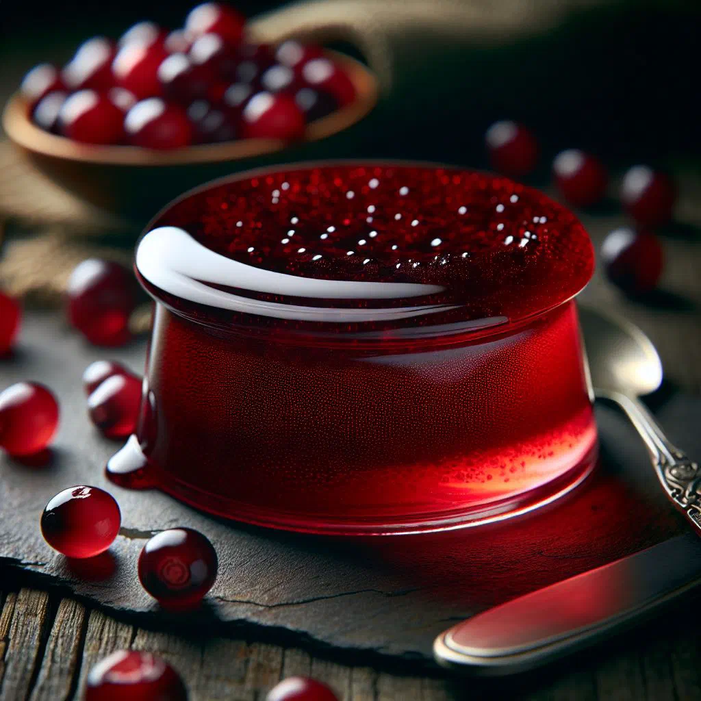 Bowl of bright red lingonberry kisel garnished with fresh berries
