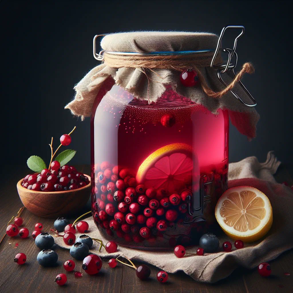 A glass of ruby-red lingonberry kompot with whole berries and a cinnamon stick