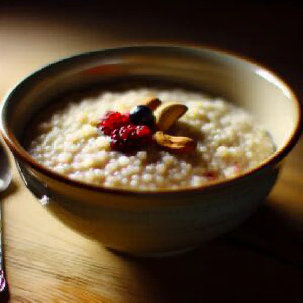 Bowl of creamy Russian manna-kasha topped with fresh fruit
