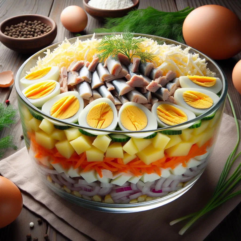 Layered Russian mimosa salad with grated egg yolk topping in a glass dish