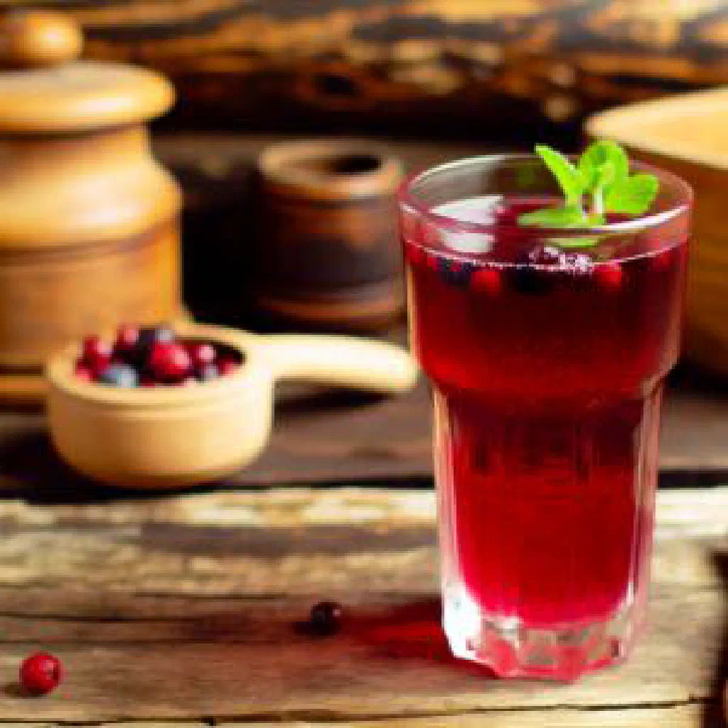 A glass of ruby-red mors berry drink garnished with fresh mint