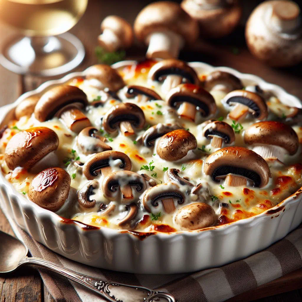 Creamy mushroom julienne baked with a golden cheese topping