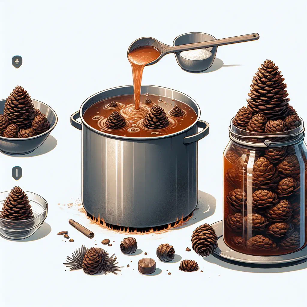 A jar of amber pine cone jam with whole young cones in syrup