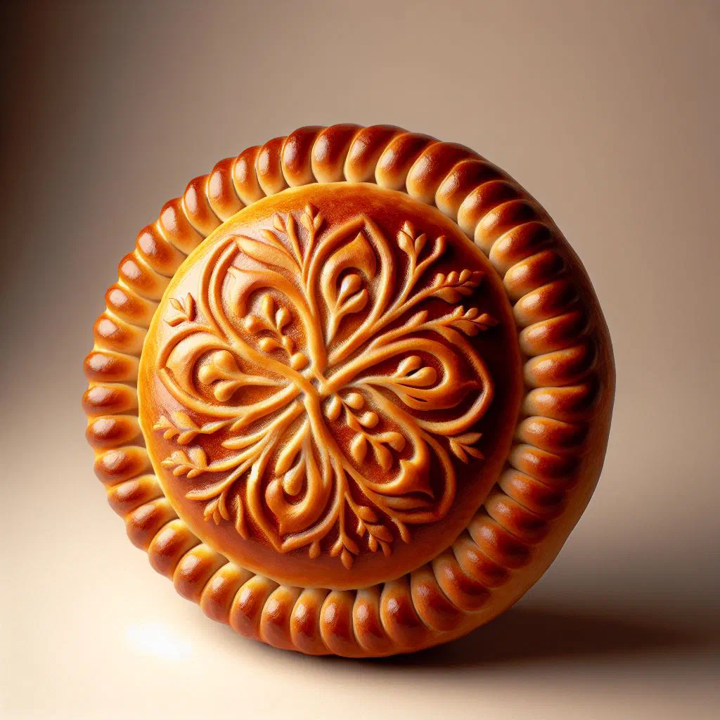Golden baked Russian pirog with a glossy egg-washed crust