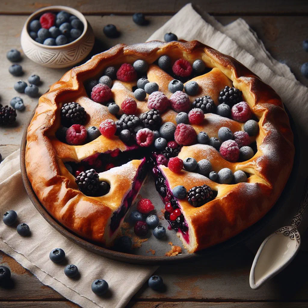 Golden lattice-topped berry pirog dusted with icing sugar