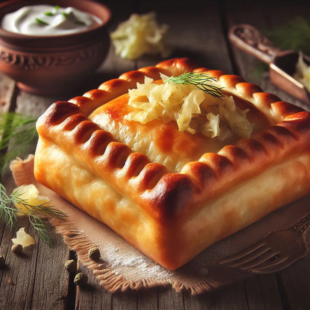 Golden-baked pirozhki filled with braised cabbage on a plate