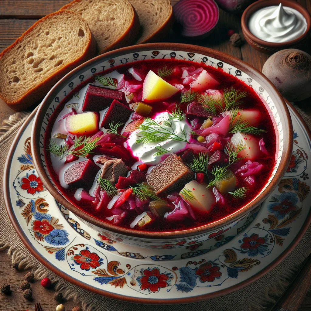 Bowl of bright red Poltavsky borscht garnished with fresh dill