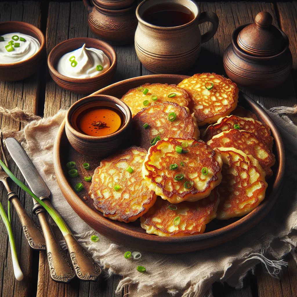Golden potato oladki stacked on a plate with a dollop of sour cream
