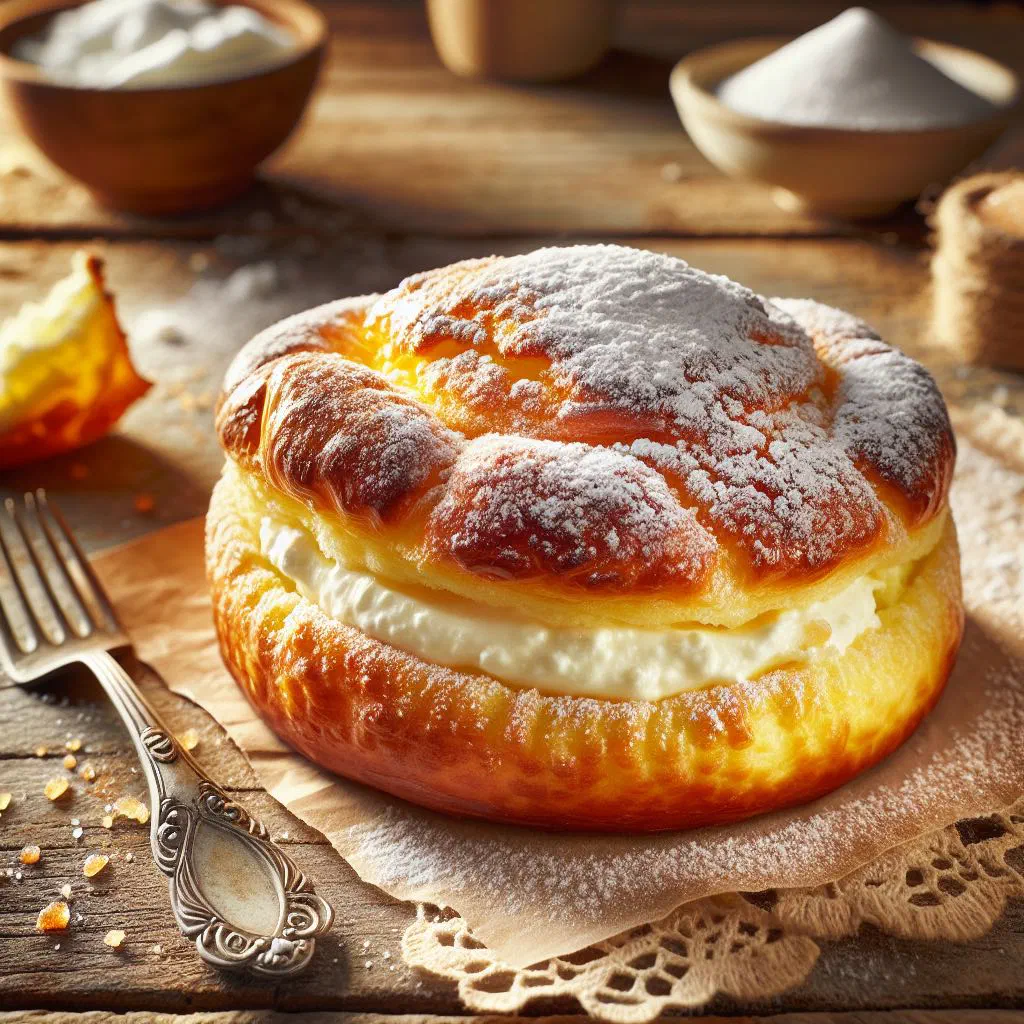 Golden baked quark pirog dusted with icing sugar and fresh berries