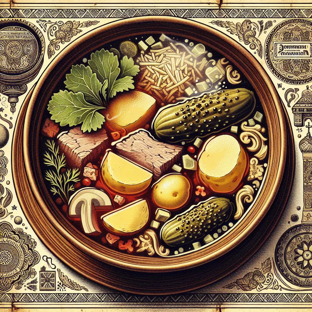 A steaming bowl of Rassol with beef, vegetables and pickles, garnished with parsley