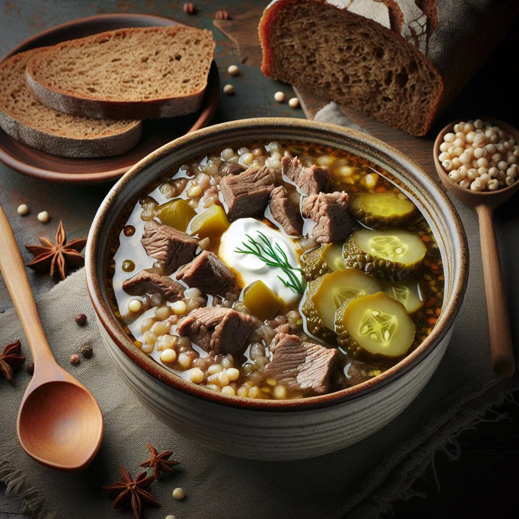 Bowl of Rassolnik Leningradsky soup with meat, vegetables and fresh herbs
