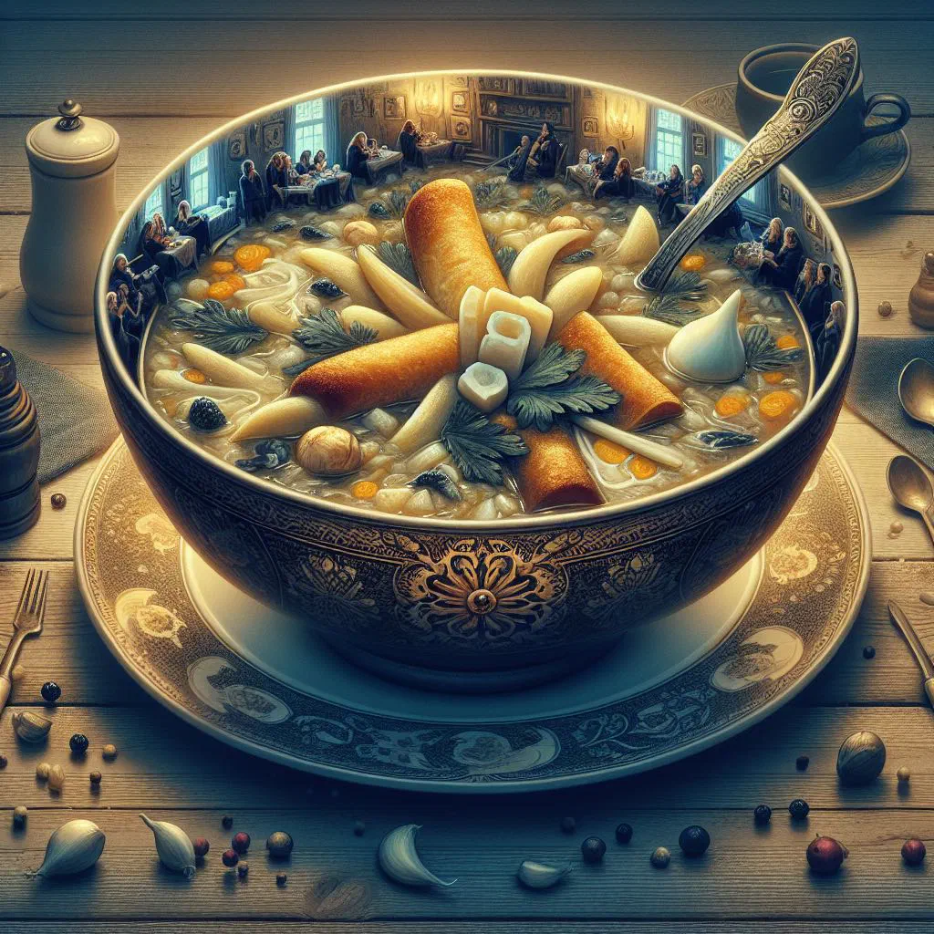 A bowl of Rassolnik soup with beef, potatoes and pickled cucumbers, garnished with parsley