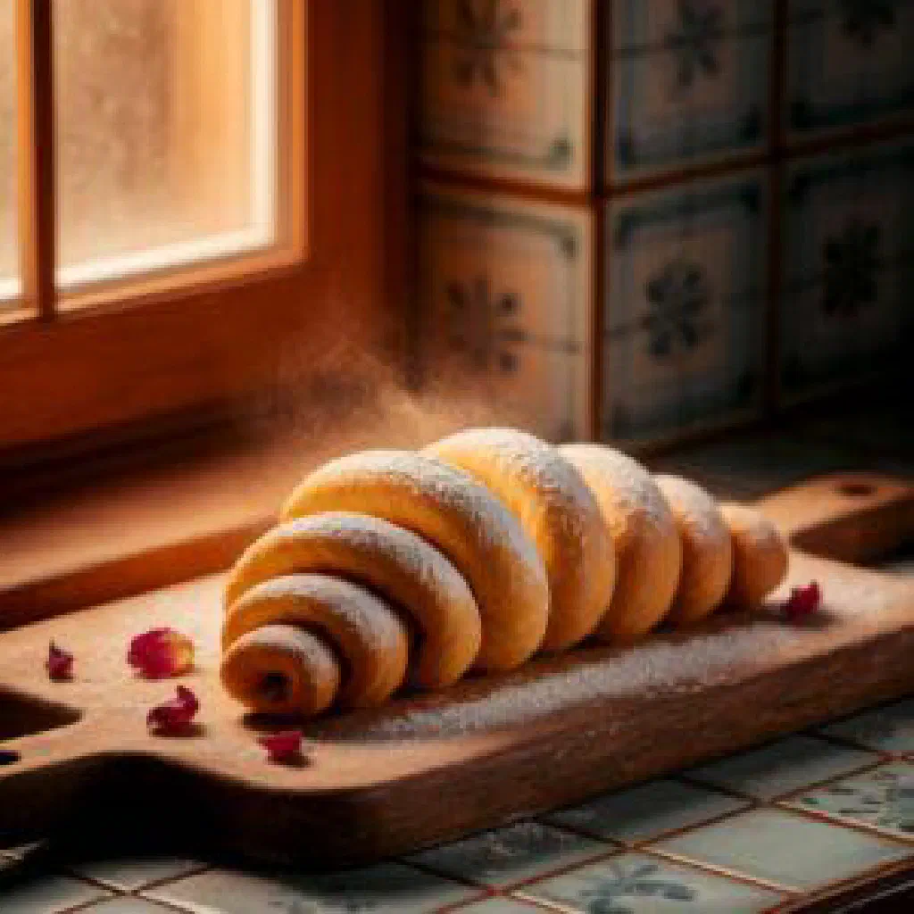 Golden crescent-shaped Rogaliky pastries dusted and ready to serve