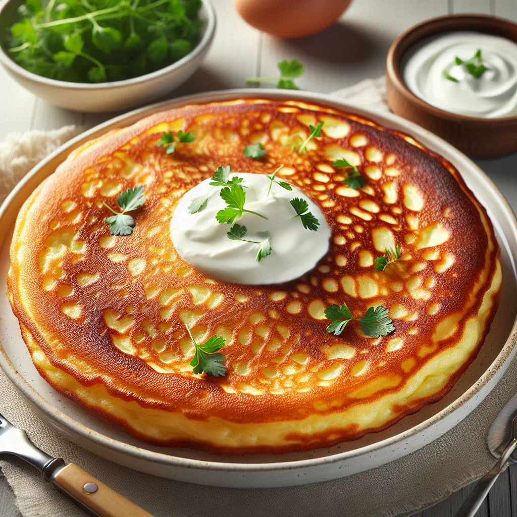 A stack of golden Russian pancakes served with jam and soured cream