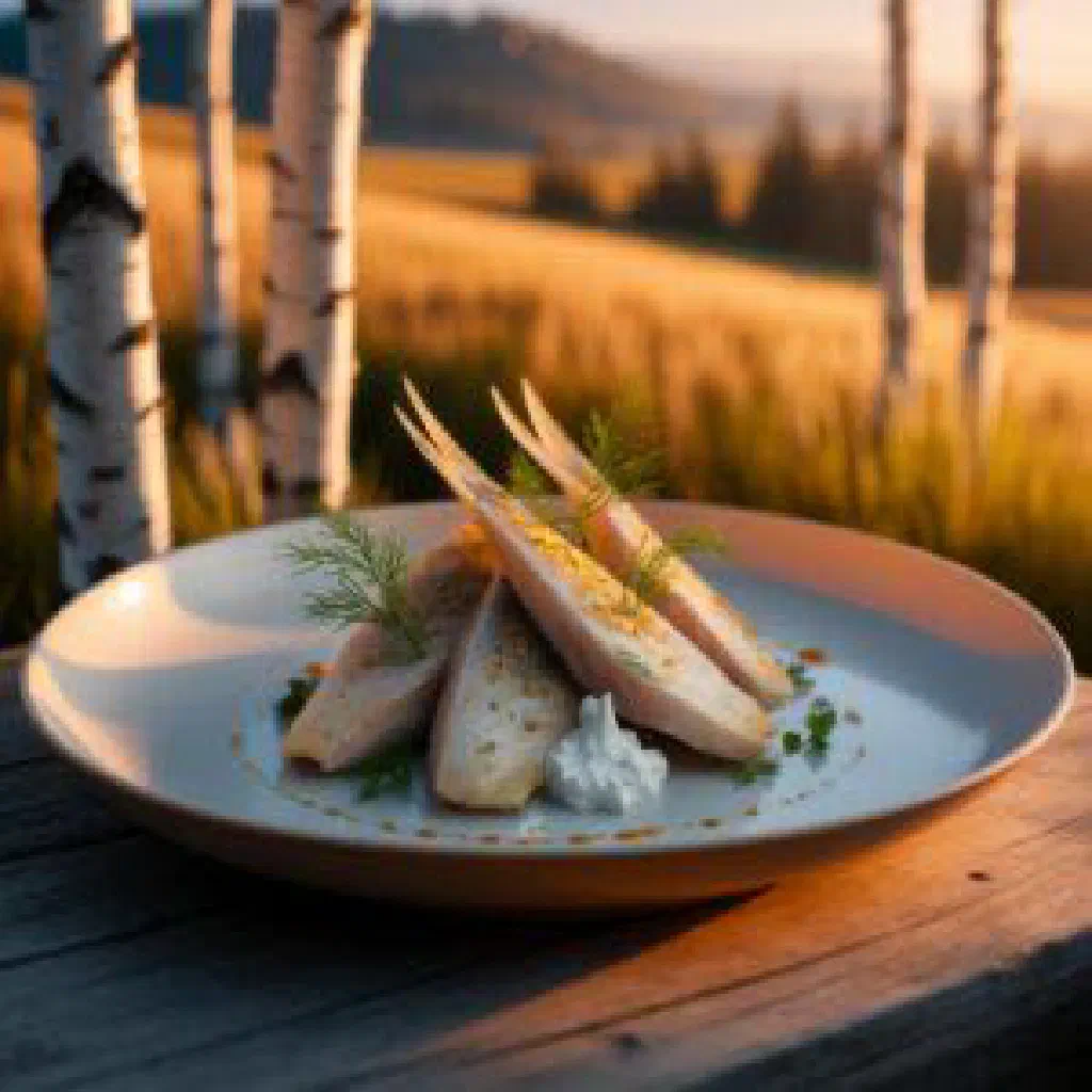 Pan-fried zander fillet in a creamy mushroom sauce garnished with fresh dill
