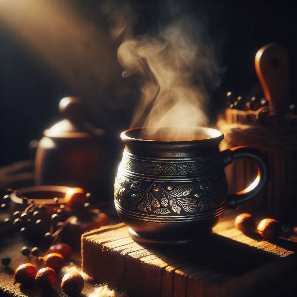 A steaming mug of spiced honey sbiten with cinnamon and cloves