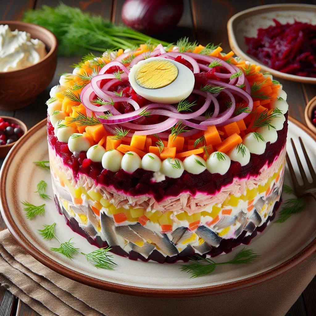 Layered Russian herring salad topped with creamy mayonnaise and beetroot
