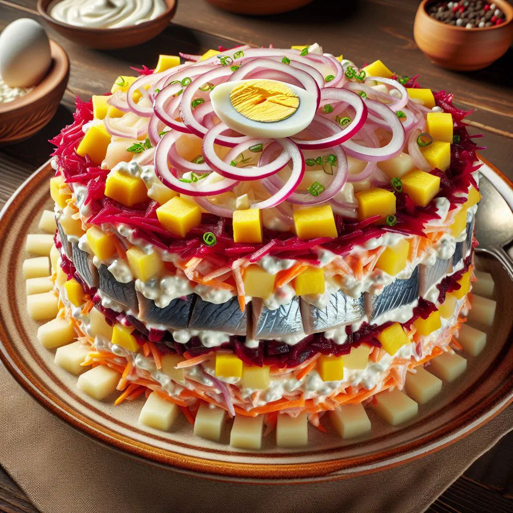 Layered Russian herring salad topped with bright grated beetroot