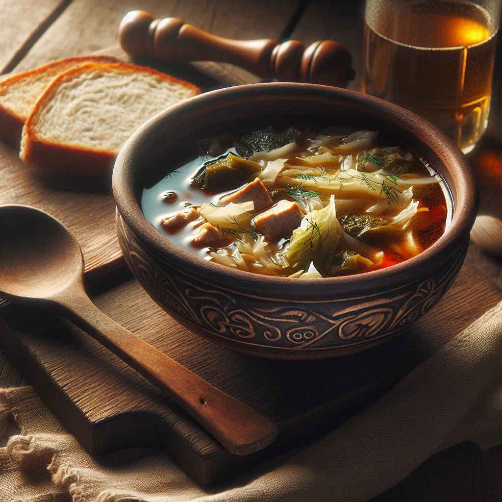Bowl of Russian shchi cabbage soup topped with sour cream and fresh herbs