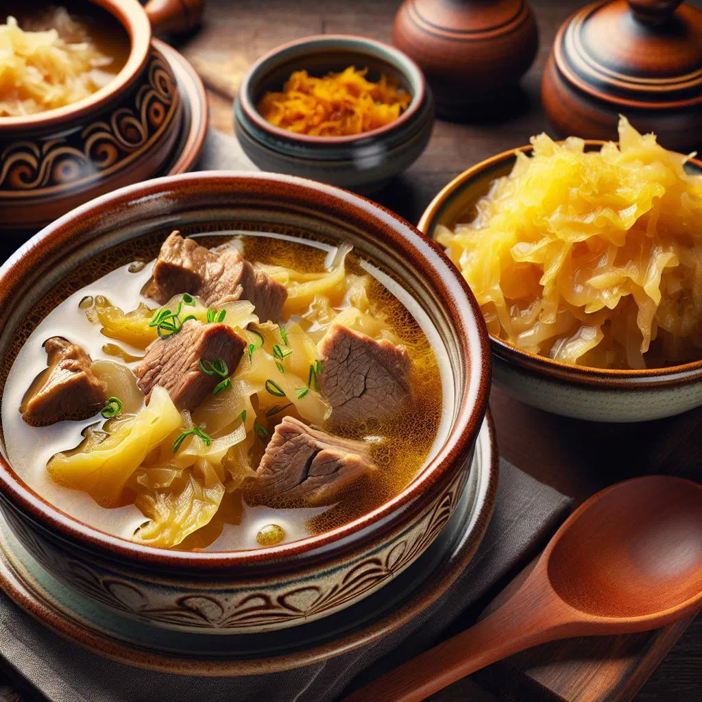 Bowl of Russian shchi cabbage soup made with sauerkraut and a swirl of sour cream