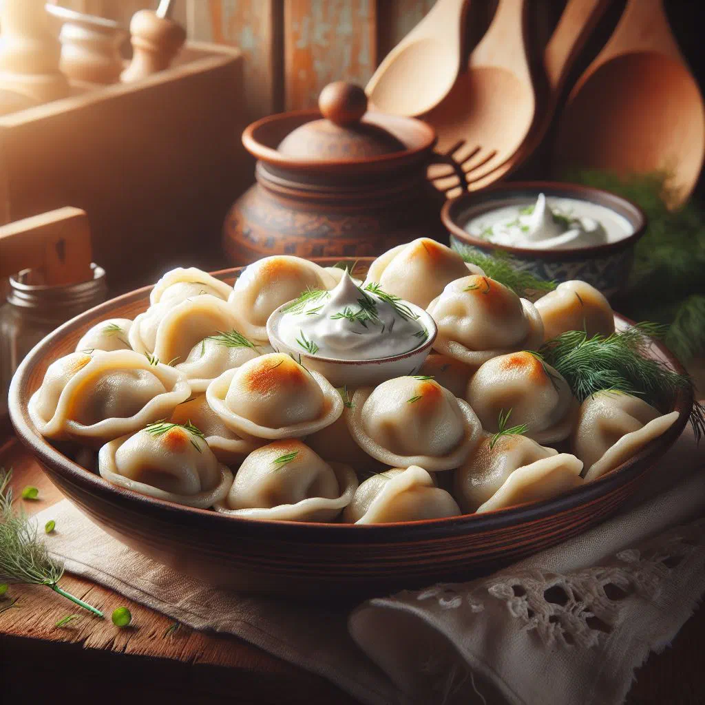 A plate of boiled Siberian pelmeni served with sour cream and dill
