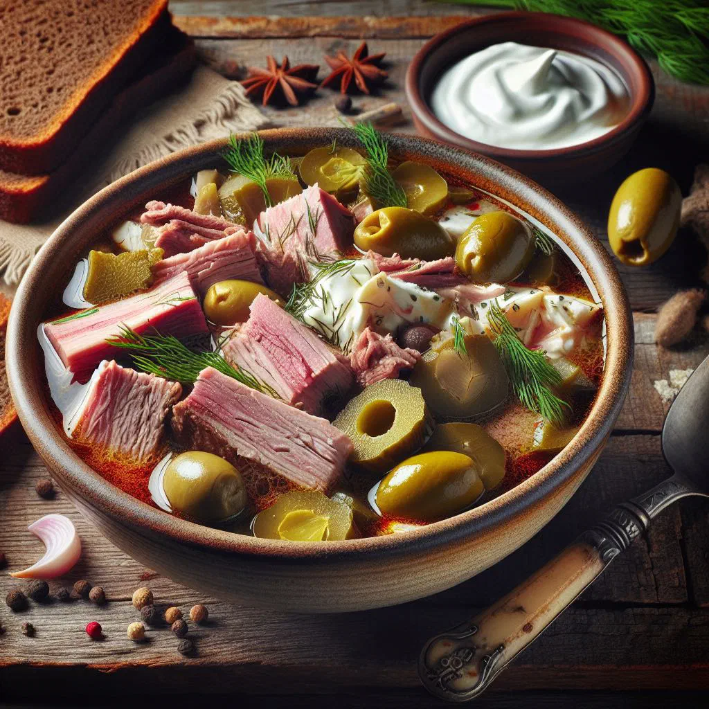 Bowl of Slavyanskaya solyanka with meat, olives and fresh dill