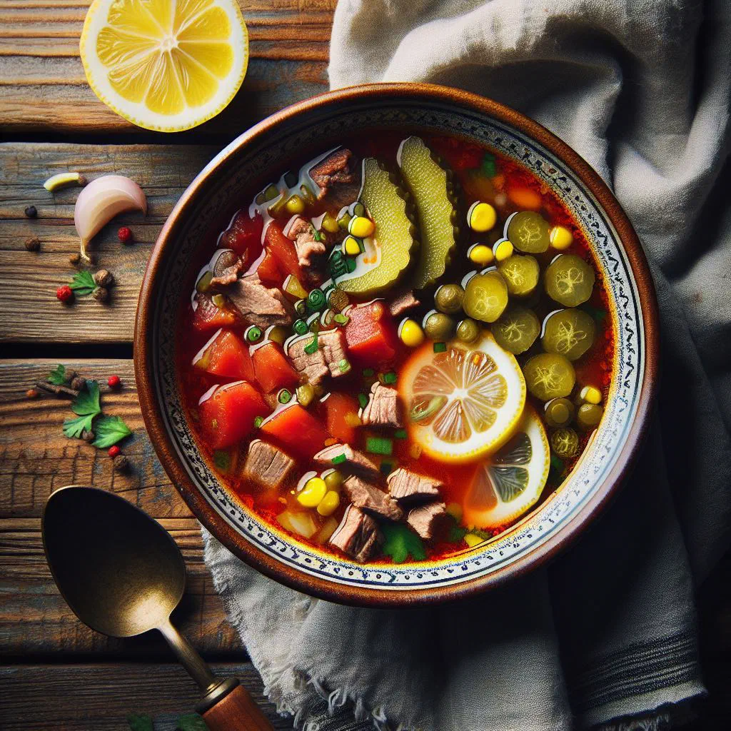 Bowl of soljanka soup topped with soured cream, lemon and fresh dill