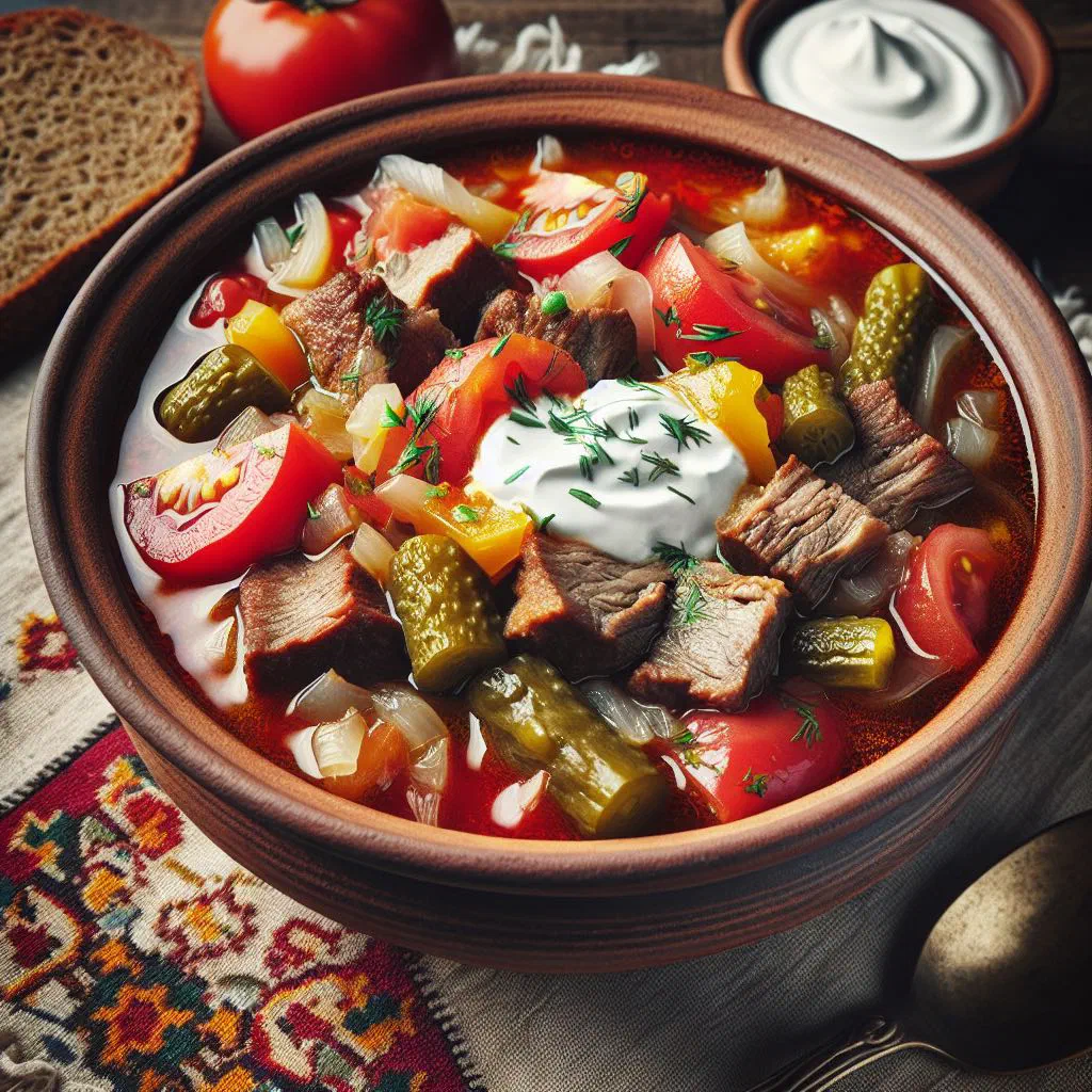Bowl of meat solyanka topped with sour cream and fresh dill