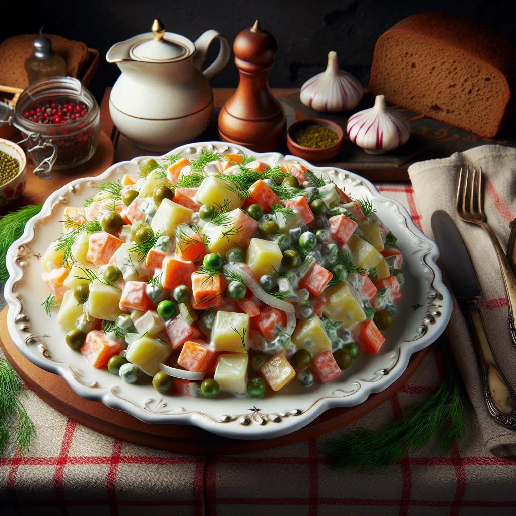 Creamy Stolichny salad garnished with fresh dill in a bowl
