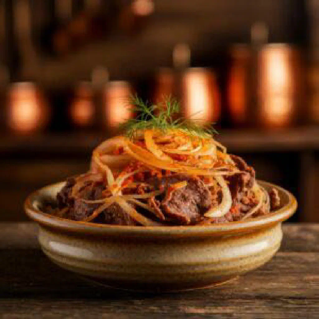 Tarki-telnoe, a braised Russian meat dish with onions and carrots, garnished with fresh herbs