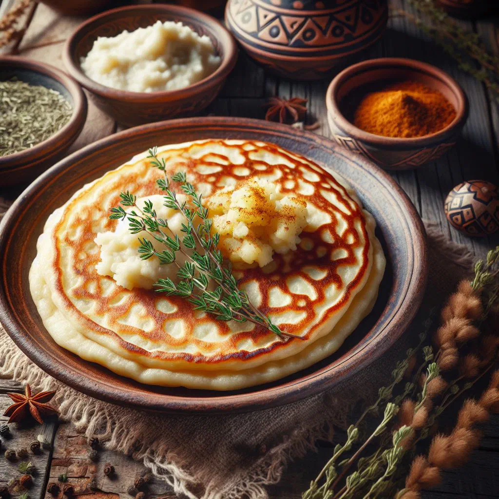 Folded Tatar kystybyi flatbreads filled with mashed potato, brushed with butter