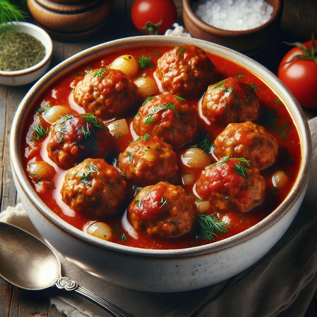 Russian tefteli meatballs simmered in tomato sauce, garnished with fresh parsley