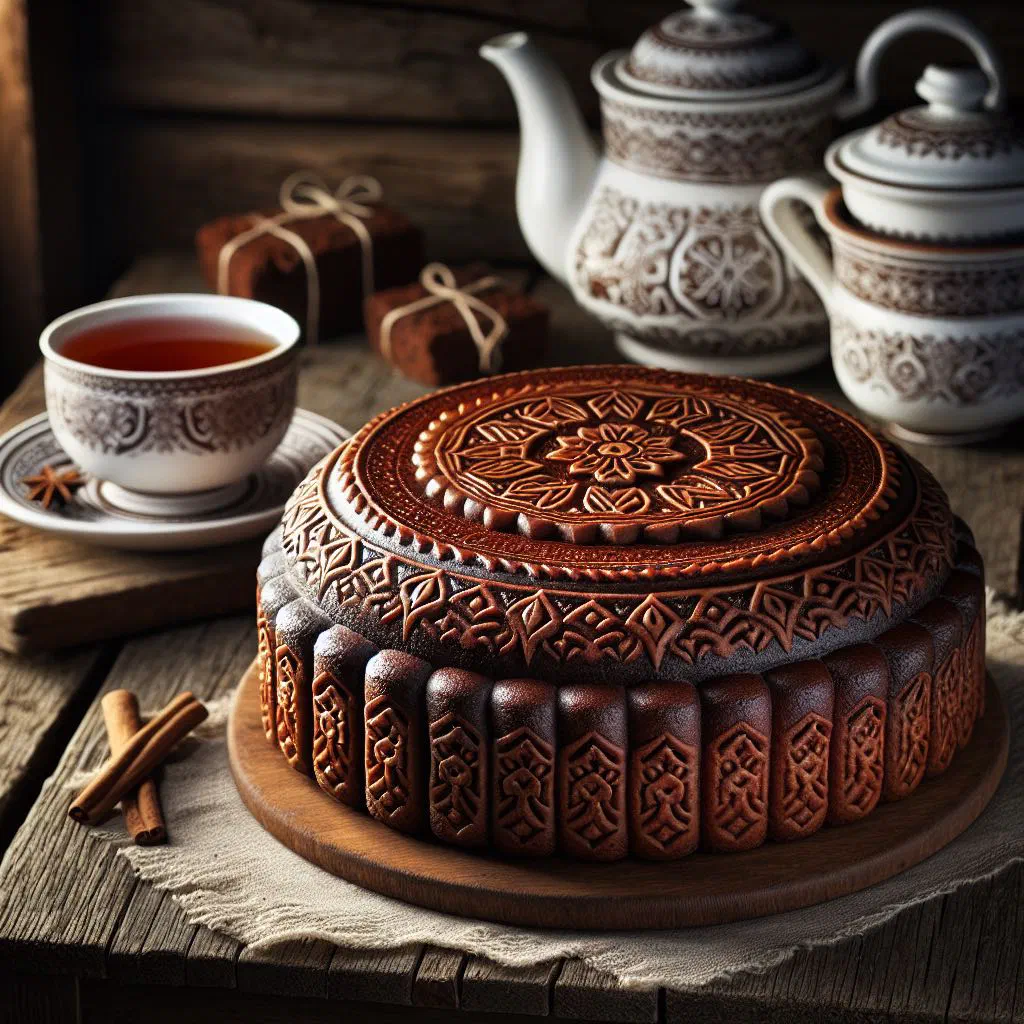 Sliced Tula honey cake with a nut filling on a serving plate