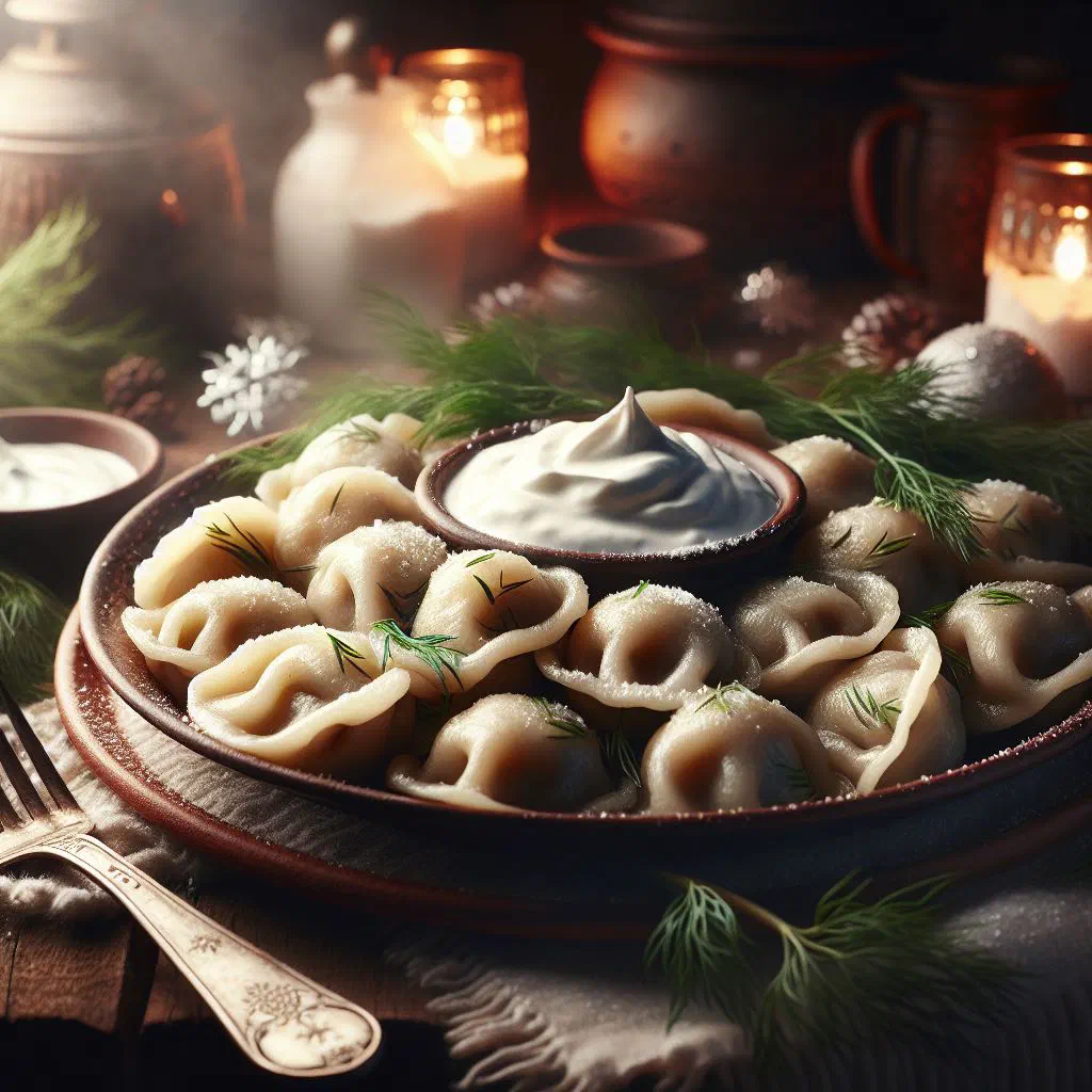 Ural pelmeni dumplings served with a dollop of sour cream and fresh dill