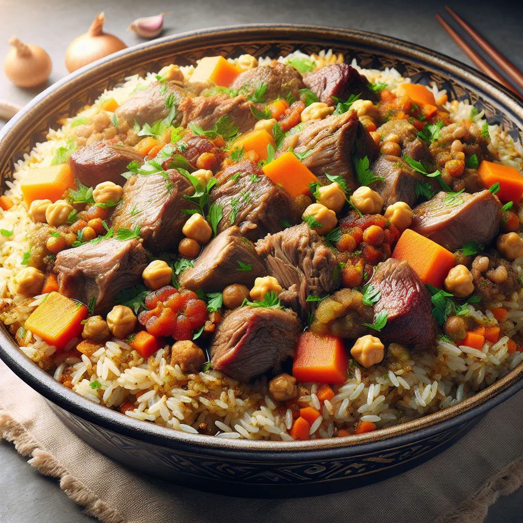 Uzbek plov with tender rice, carrots and chunks of lamb