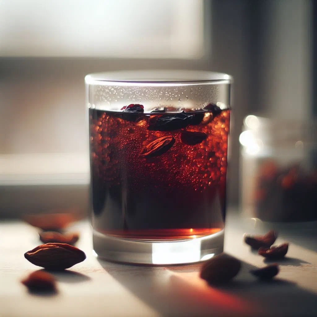 A glass of warm uzvar with dried fruit and a cinnamon stick