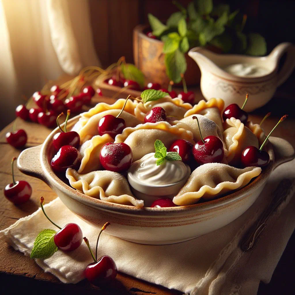 Cherry-filled vareniki dumplings topped with sour cream