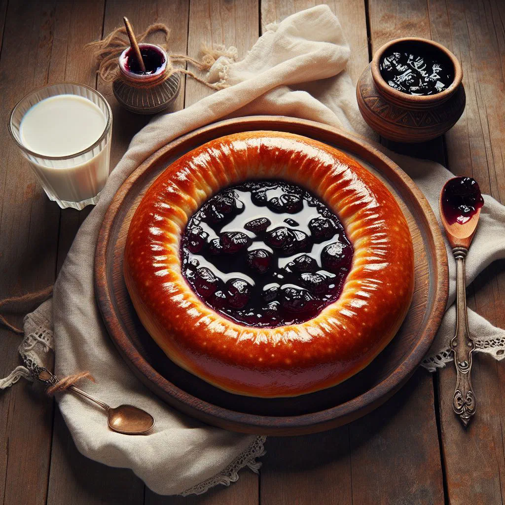 Golden baked vatrushki pastries filled with fruit jam