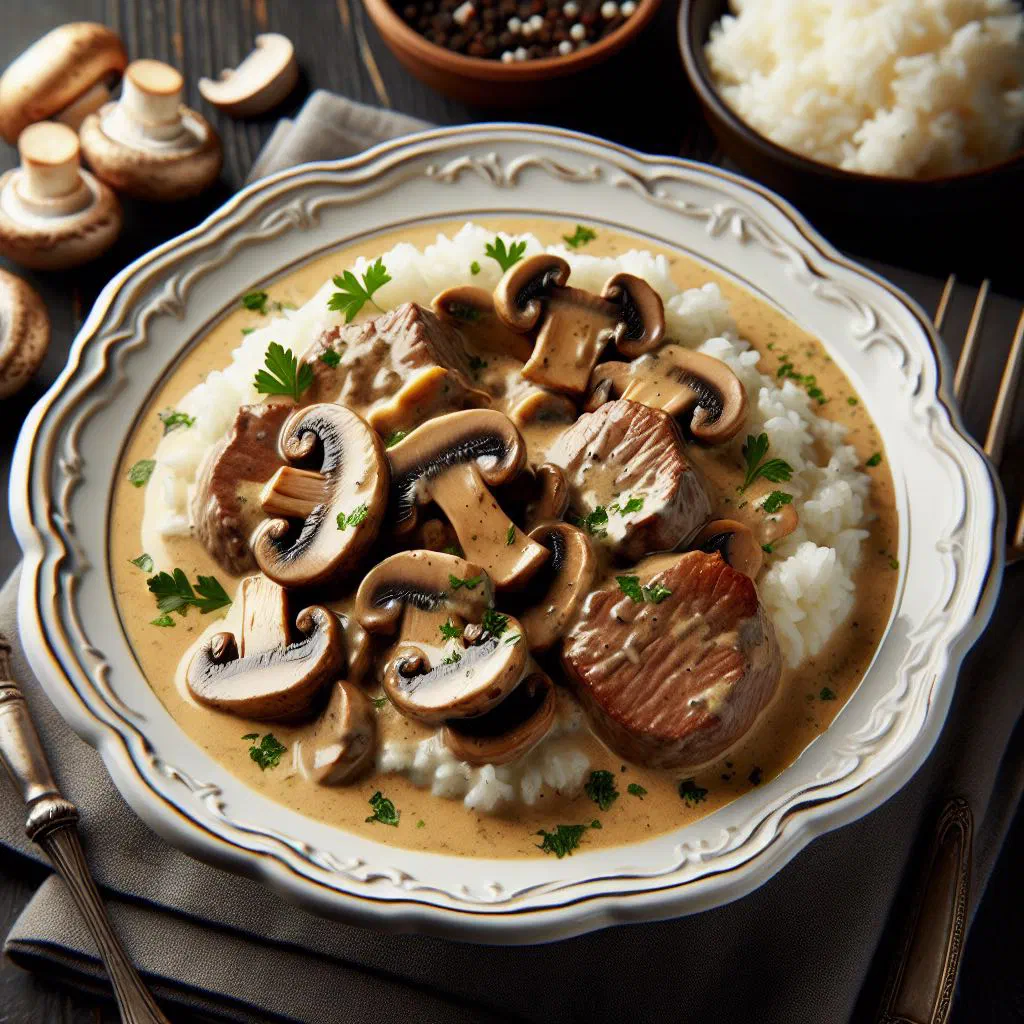 Veal Stroganoff in a creamy mushroom sauce garnished with parsley