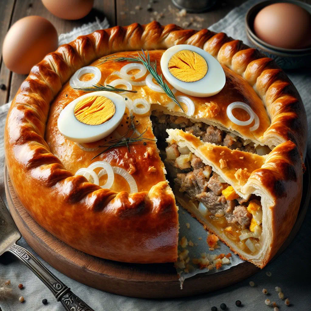 Golden baked Volgograd pirog filled with minced meat