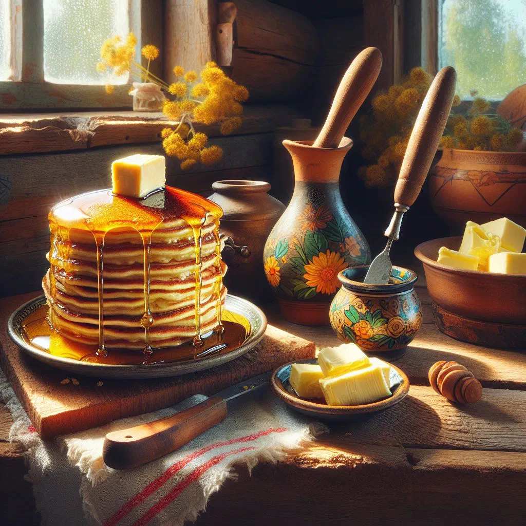 A golden stack of fluffy Vologda butter pancakes on a plate