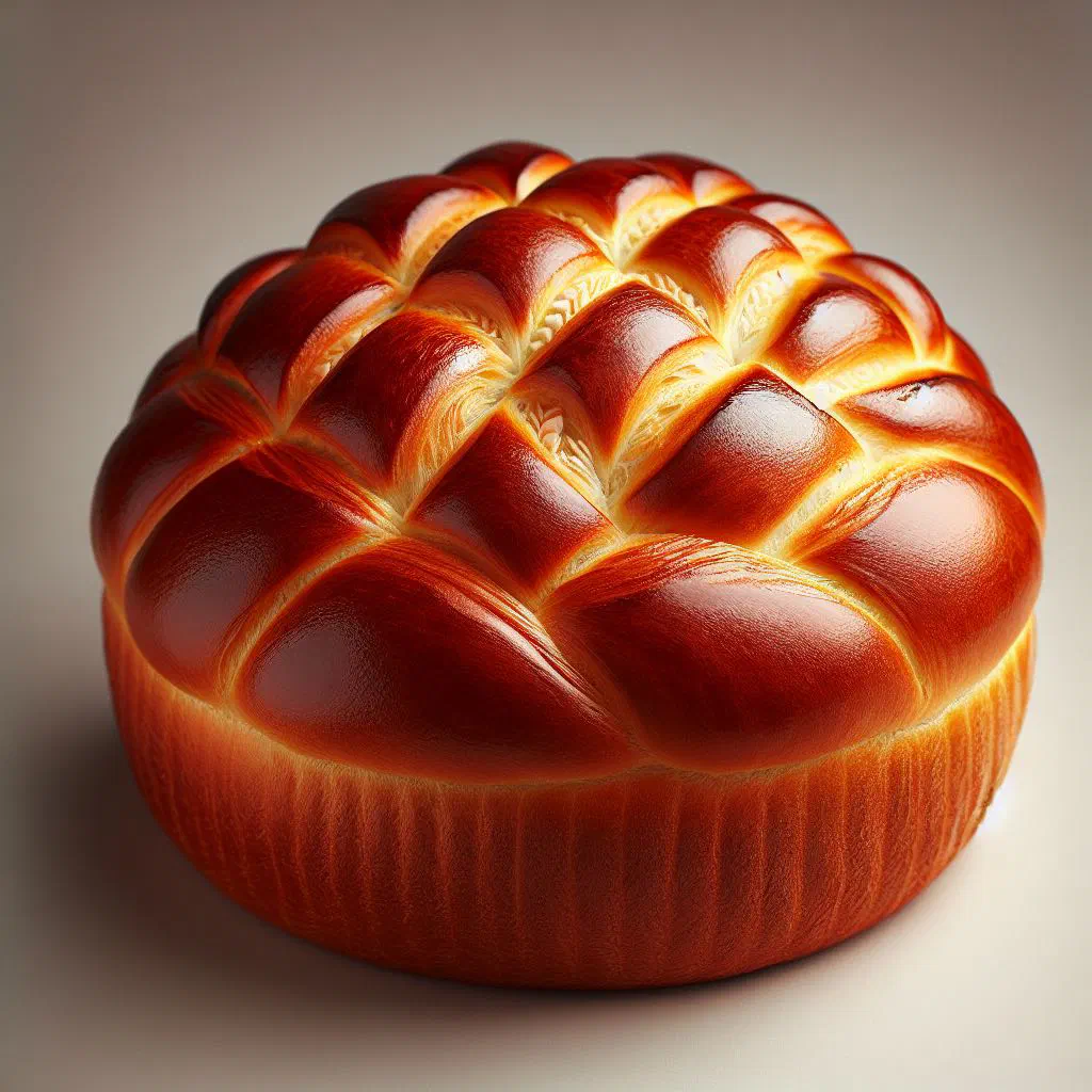 Golden loaf of soft Vologda milk bread on a wooden board