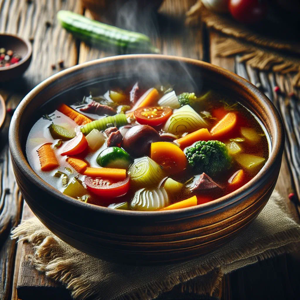 Bowl of warm kvass soup with vegetables and fresh dill