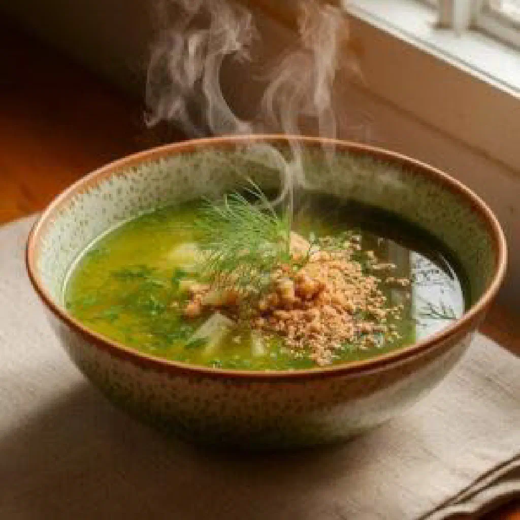 Jellied Russian soup set with tender meat and fresh herbs